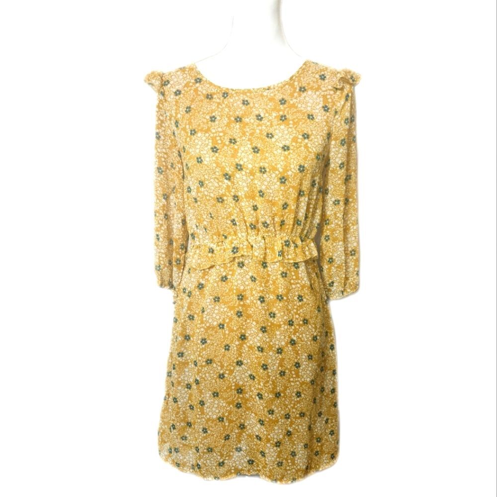 Freebird Gold White Blue Floral, 3/4 Sleeve, Lined, Elastic Waist Mini Dress, S